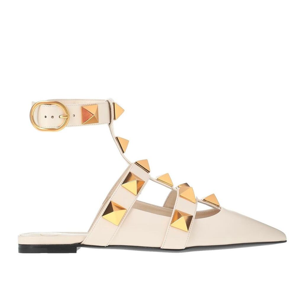 Valentino Garavani Lilac Roman Stud Flat Leather Ankle Strap Gold 35.5
